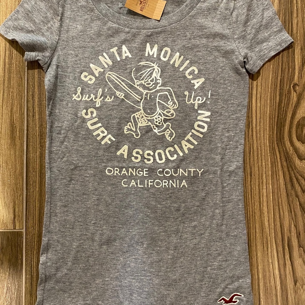 NWT Hollister Santa Monica Surf Surfing Boy T-Shirt Sz XS Gray Womens Tee
